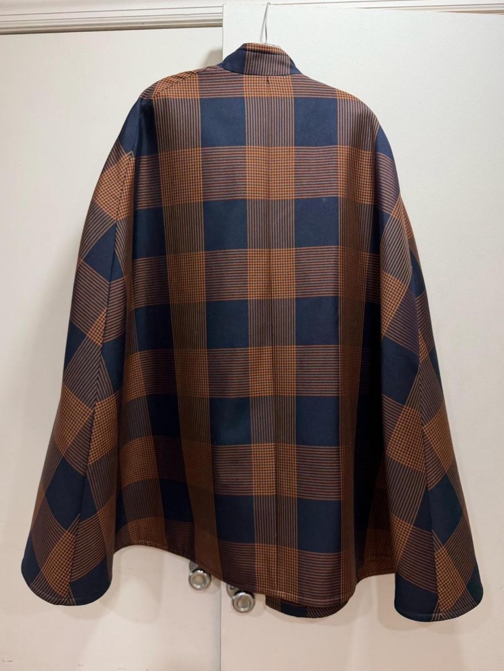 Temperley London Navy and Brown Plaid Double-Breasted Cape Coat - Picture 2 of 6
